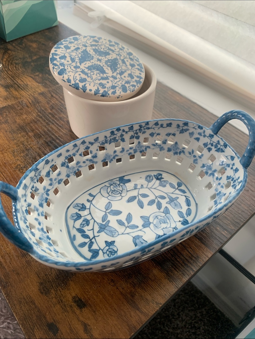 Blue and White Pierced Ceramic trinket Basket with Handles and trinket box